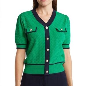 Nanette Lepore Green & Navy Pointelle Knit Short Sleeve sweater gold button XL